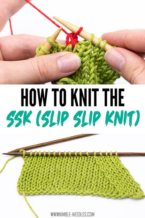 A step by step tutorial on how to knit the ssk knitting decrease. Slip slip slip creates a left-slanting decrease and is rather easy to knit. Here's a step by step video tutorial for beginners Knit Increases And Decreases, How To Decrease Knitting Stitches, Knitting Ssk Stitch, Knitting Decreases Tutorials, Knit Decrease Stitches, Ssk In Knitting How To, Decrease Knitting Stitches, Knitting Slip Stitch, Ssk Knitting