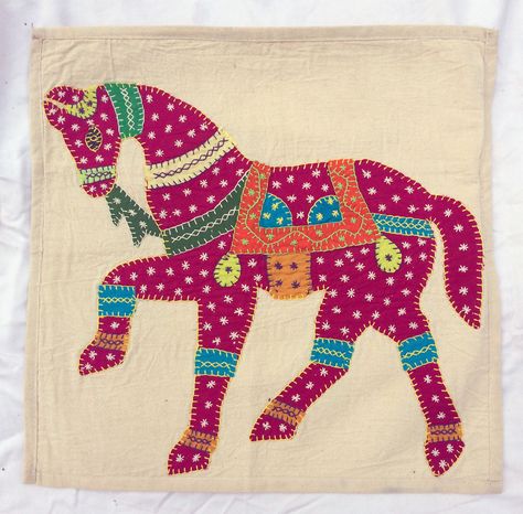 Traditional, hand-made applique and embroidery cushion cover, 16"x16", from India, horse motif by EcollecticsHeritage on Etsy Idea Embroidery, Embroidery Cushion, Horse Motif, Pillow Embroidery, Best Football Players, Cob House, Indian Folk Art, Hand Applique, Patch Work