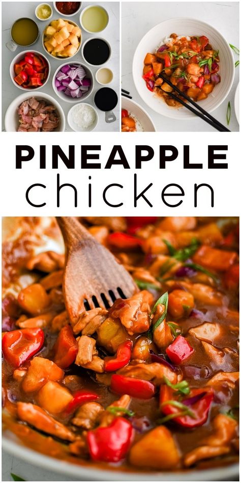 This Pineapple Chicken is a quick and easy Asian-style chicken stir-fry made with pineapple chunks, bell pepper, and flavorful chicken thighs in a sweet and savory stir-fry sauce. It's faster than picking up takeout - and it costs less, too! Easy Delicious Chicken Recipes, Pineapple Chicken Stir Fry, Stir Fry With Egg, Asparagus Stir Fry, Pineapple Chunks, Stir Fry Recipes Chicken, Shrimp And Asparagus, Fry Sauce, Pineapple Chicken