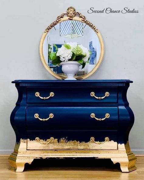 Blue Gold Furniture, Dresser Makeover Diy Paint Ideas, Navy And Gold Furniture, Refinished Furniture Ideas, Art Deco Painted Furniture, Ombre Painted Furniture, Gold Leaf Dresser, Peacock Furniture, Revamp Furniture