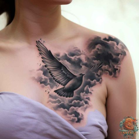 Incredible Dove Tattoo Designs with Clouds – 37 Designs - inktat2.com Clouds And Sunrays Tattoo Design, Dove Tattoo Ideas For Women, Dove Tattoo Chest, Dove Tattoo Design Drawing, Dove Arm Tattoo, Dove With Clouds Tattoo, Dove Clouds Tattoo, Clouds Tattoo For Men, 2 Doves Tattoo