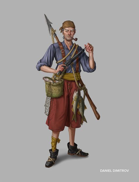 Fisherman Dnd Character, Old Sailor Art, Dnd Fisherman, Fantasy Fisherman, Dnd Sailor, Fisherman Clothes, Pirate Core Outfits, Fisherman Character Design, Sailor Character Design