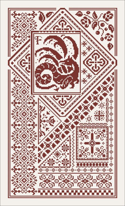 StitchyFish Designs: "Winter Dragon Medieval Sampler" cross stitch pattern by StitchyFish Designs Sampler Cross Stitch, Cross Stitch Border Pattern Free, Cross Stitch Dragon, Dragon Cross Stitch Patterns, Medieval Cross, Medieval Cross Stitch, Medieval Cross Stitch Patterns, Small Dragon Cross Stitch Pattern, Free Dragon Cross Stitch Pattern