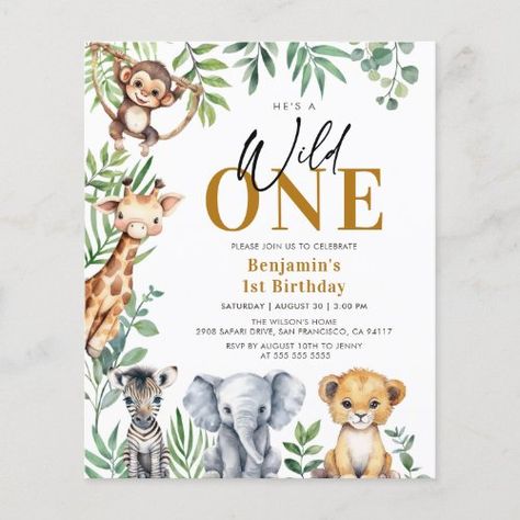 $1.38 | Budget Jungle Safari Wild One 1st Birthday Invite - jungle, boy, kids, safari birthday, jungle birthday, wild one, boy 1st birthday, lion, greenery, budget Wild One Animals, Safari Wild One, Jungle Invitations, Wild One 1st Birthday, 1st Birthday Invite, Wild One Birthday Invitations, Wild One Birthday, Wild One Birthday Party, Party Themes For Boys