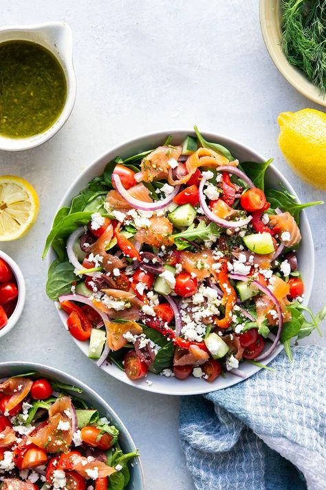 This smoked salmon Greek salad is a twist on the classic and features flavorful smoked salmon with a lemon dill vinaigrette tossed with greens and lots of Greek ingredients. Hot Smoked Salmon Salad, Smoked Salmon Potato Salad, Smoked Salmon Salad Recipes, Smoked Salmon Arugula Salad, Spinach And Smoked Salmon Salad With Lemon-dill Dressing, Lemon Dill, Garlic Olive Oil, Seared Salmon, Pan Seared Salmon