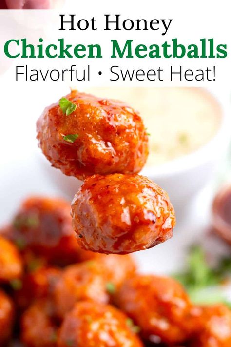 This Hot Honey Chicken Meatballs Recipe is the ultimate bite - savory, sweet, and spicy all in one. Ground chicken, panko breadcrumbs, and spices form tender meatballs that get baked to juicy perfection, then coated in a spicy honey glaze that is so addicting, you'll want to put it on everything. Simple to make, means they are perfect for a weeknight dinner or as a go-to snack for any casual get-together. Best of all: they are freezer friendly, meaning you can indulge whenever the craving hits. Hot Honey Meatballs Meal, Recipes With Spicy Honey, What To Put Hot Honey On, Hot Honey Ground Chicken, Ways To Use Hot Honey, Hot Honey Chicken Meatballs, Recipes Using Hot Honey, Hot Honey Meatballs, Honey Hot Chicken Tenders