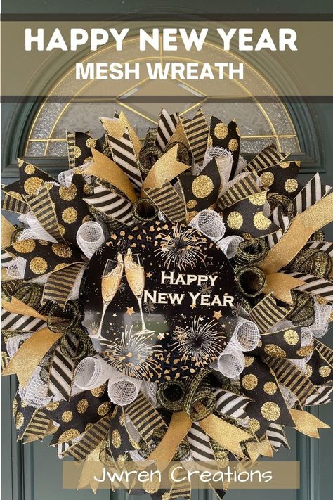 This New Years Mesh wreath measures 26 inches in diameter and 8 inches deep. Created on a bed of black and gold tinsel mesh and white fabric mesh, this design features a 10" round metal sign with a "Happy New Year" greeting. Coordinating glittered gold, white, and black wired ribbon streamers surround the sign creating full elegant design. Porch Door Decor, New Year Wreath, Classroom Wreath, Front Door Black, Outdoor Wreath, New Years Traditions, Mesh Wreath Tutorial, Gift Wreath, Door Black