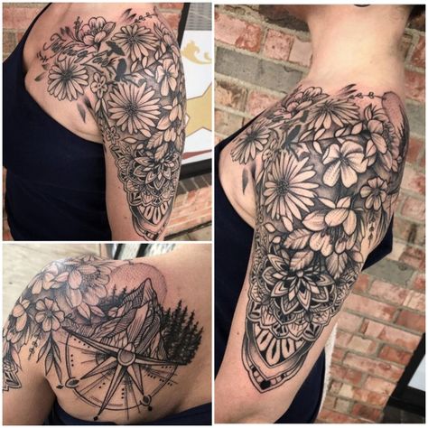 Shoulder Caps Tattoos, Mountain Floral Sleeve Tattoo, Flower Mandala Shoulder Tattoo, Floral Outdoor Tattoo, Nature Tattoos Shoulder, Creative Shoulder Tattoos For Women, Life Journey Tattoo Sleeve, Floral Compass Tattoo Half Sleeves, Mountain And Floral Tattoo