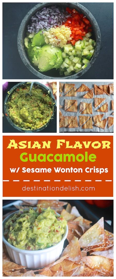 Asian Flavor Guacamole with Sesame Wonton Crisps Asian Guacamole, Wonton Crisps, Guacamole Recipes, Vegan Dips, Cooking Vegetables, Delicious Dips, Healthy Sauces, Guacamole Recipe, Asian Flavors