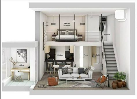 Loft Apartment Outside, Loft Apartment Bloxburg, Loft House Layout, Loft Apartment Layout, Loft Layout, Plan Studio, Loft House Design, Loft Plan, 3d Floor Plan