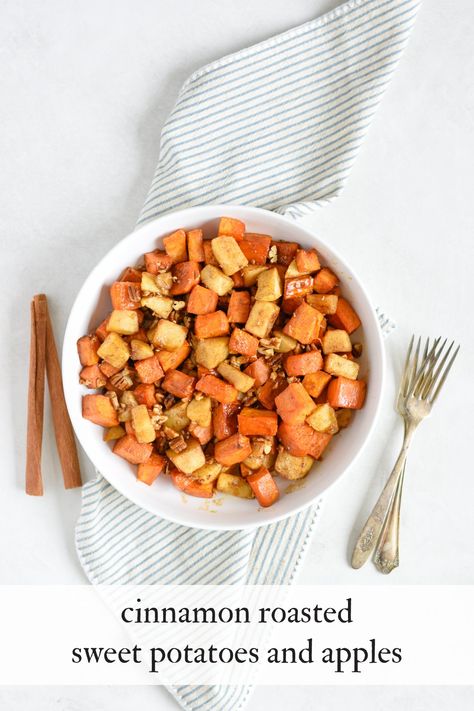 Cinnamon Roasted Sweet Potatoes and Apples make for an easy and healthy fall side dish or the perfect addition to a holiday meal. Apples And Sweet Potato Recipes, Baked Sweet Potatoes And Apples, Apple Cinnamon Sweet Potato, Roasted Apple Cinnamon Sweet Potatoes, Cinnamon Roasted Sweet Potatoes, Apples And Sweet Potatoes, Sweet Potatoes And Apples, Potatoes And Apples, Sweet Potato Varieties