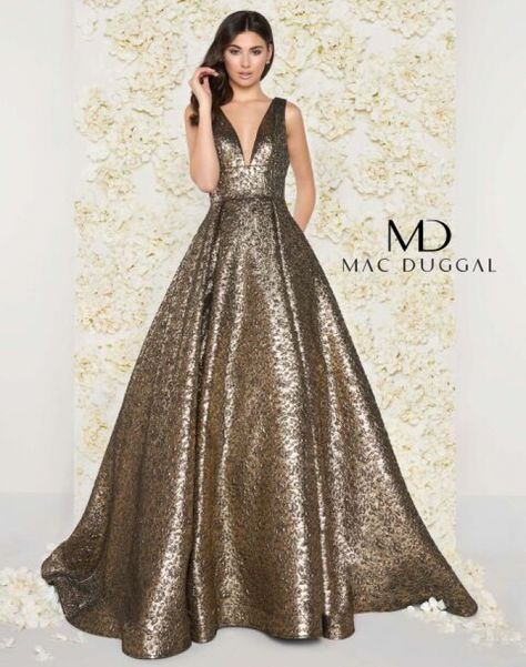 Neckline: V-Neck  Waist Style: Natural  Dress Length: Long Golden Wedding, Pleated Ball Gown, Pageant Gowns, Golden Wedding Dress, Metallic Fabric, Gown Silhouette, Mac Duggal, Nature Dress, Black Tie Dress