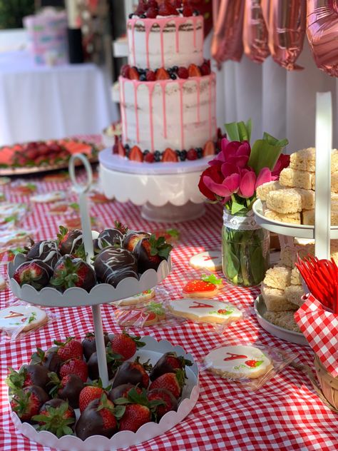 Berry First Birthday Sweets Table, Berry First Birthday Cake Table, My Berry First Birthday Table Decorations, Strawberry Birthday Table Decorations, Berry First Birthday Food Table, Berry First Birthday Treat Table, Berry First Birthday Party Centerpieces, Strawberry Theme Dessert Table, Strawberry Shortcake Sweet 16