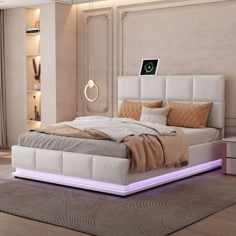 PRICES MAY VARY. 【Dimension】Overall Product Dimension: 83 x 64.9 x 44.8 inches (L x W x H). Mattress not included. 【Platform Bed with LED】: Decorated with headboard design, there is beautiful LED light around the bed, you can control by Remote/APP, It offers bright glowing & vivid color. Freely change in 16 million colors, precisely dial in color temperature, brightness & timing settings, features Strobe, Gradient, Jump at different speeds & even has light pulse in sync with music & game to crea Floating Platform Bed, Floating Bed Frame, Upholstered Storage Bed, Led Beds, Bed With Led Lights, Led Bed Frame, Headboard Design, Bed Platform, Floating Bed