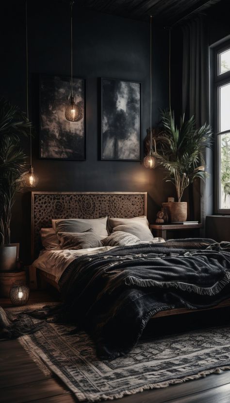 Black Moody Bedroom Ideas, Wall Art For Over The Bed, Black With Wood Bedroom, Classy Dark Bedroom Ideas, Moody Woodsy Bedroom, Dark Grey Moody Bedroom, Black Boho Interior, Bedroom Dark And Moody, Moody Dark Interior Design