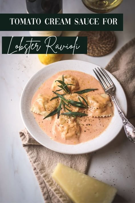 This creamy lobster ravioli sauce is the absolute best for pairing with a luxury ingredient. We use lobster shells to flavor the sauce. Cream Sauce For Lobster Ravioli, Sauce For Lobster Ravioli, Sauce For Lobster, Lobster Ravioli Sauce, Homemade Pastas, Ravioli Recipes, Ravioli Sauce, Creamy White Wine Sauce, Pasta Queen