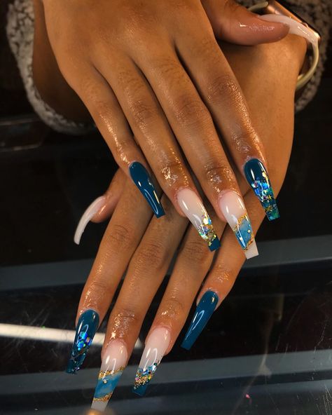 Over The Moon Nails, Gold And Blue Nails, Blue And Gold Nails, Mickey Mouse Sorcerer, Sorcerer Hat, Mickey Nails, Gold Acrylic Nails, Cow Nails, Blue Acrylic Nails