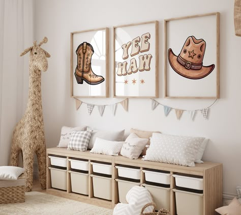 Quickly spruce up your nursery, bedroom, or desired space with these one of a kind cowboy prints. These arrive as prints only, no frames are included. Enjoy picking out your own frames that will suit your bedroom, nursery or space the best! These prints are high quality and feature acid free, no fade ink to keep them looking fresh and new for as long as possible. Ships in an envelope. Check out the matching items that we offer, links below! PLEASE NOTE: This listing is for prints only and do not Boys Cowboy Room, Western Nursery Decor, Cowboy Bedroom, Country Baby Rooms, Cowboy Room, Cowboy Nursery, Western Nursery, Wall Print Set, Cowboy Print