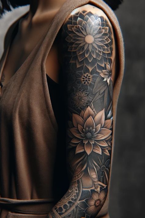 39 Female Sleeve Tattoos The Ultimate Collection That'll Inspire Arm Flower Tattoo Half Sleeves, Female Sleeve Tattoos, Mountain Sleeve Tattoo, Growth Tattoos, Female Arms, Tato Mandala, Tatuaje Cover Up, Meaning Tattoos, Floral Mandala Tattoo