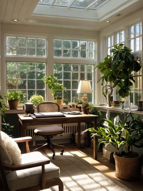 Top 10 Sunroom Office Ideas: Bright and Airy Workspace - Homezillo Orangery Office, Sun Porch Office, Home Office With Big Windows, Sunroom Yoga Space, Relaxing Sunroom Ideas, Sunroom Office Ideas Small Spaces, Sunroom Aesthetic, Sunroom Bedroom Ideas, Office With Windows