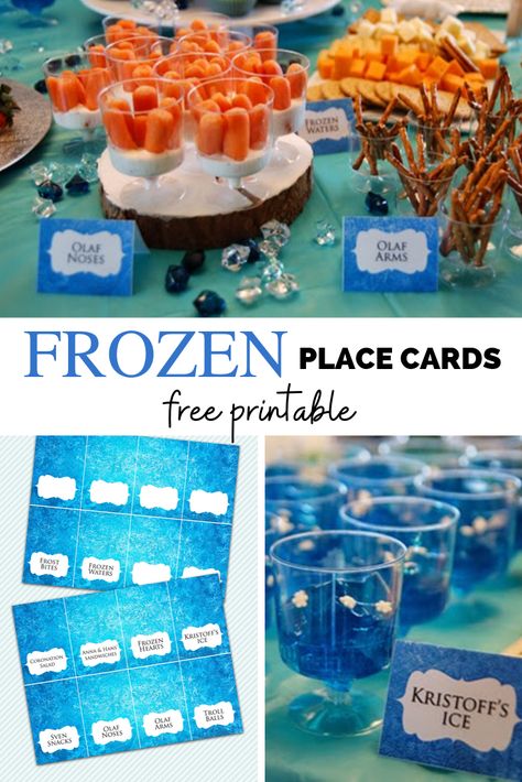 Complete your Frozen party theme with these Free printable Disney Frozen place cards or food tents Frozen Themed Charcuterie Board, Frozen Birthday Food Ideas, Disney Frozen Birthday Party Food, Frozen Party Menu, Frozen Party Food Ideas, Frozen Birthday Food, Frozen Party Theme, Frozen Themed Food, Frozen Birthday Party Food