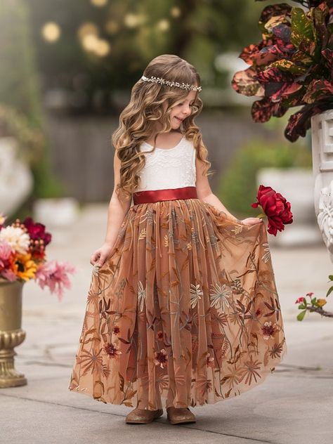 Orange Flower Girl Dress, Orange Flower Girl, Fall Flower Girl, Fall Flower Girl Dresses, Flower Wreath Hair, Boho Style Wedding Dress, Sleeveless Flower Girl Dresses, Girls Fall Dresses, Long Flower Girl Dresses