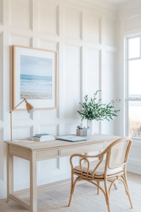 white paneled wall behind a wood desk in a coastal office Coastal Wall Paneling Ideas, Coastal Accent Wall, Accent Wall Hallway, Coastal Desk, Open Concept Office, Coastal Office, Light Oak Floors, White Linen Curtains, Coastal Nursery