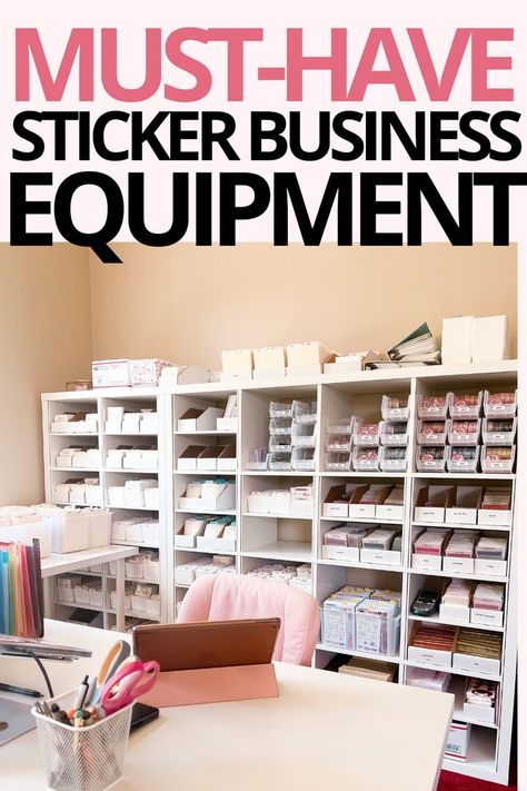 MUST-HAVE STICKER BUSINESS EQUIPMENT: Sticky shop studio inventory, organized shelf of stationery and sticker shop inventory Start A Sticker Business, Starting An Etsy Business, Start A Podcast, Sticker Business, Small Business Organization, Small Business Plan, Small Business Packaging Ideas, Small Business Inspiration, Small Business Advice