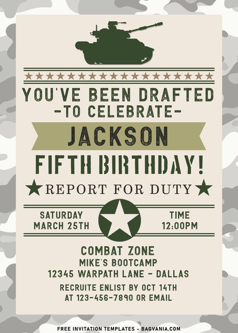 Army Theme Birthday Party Invitations, Army Party Invitations, Army Birthday Party Invitations, Army Invitation Template, Tank Themed Birthday, Army Birthday Invitations, Soldier Theme Birthday Party, Army Theme Invitation, Military Birthday Party Ideas Boys