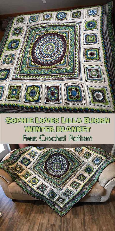 Sophie Loves Lilla Bjorn Winter Blanket [Free Crochet Pattern] Complex Crochet Blanket, Intricate Crochet Blanket Patterns, Complex Crochet Patterns, Crochet Scrap Blankets Free Patterns, Cal Blanket Crochet Pattern, Intricate Crochet Patterns, Complex Granny Square, Crochet Blanket 3 Colors, Free Crochet Patterns Granny Squares