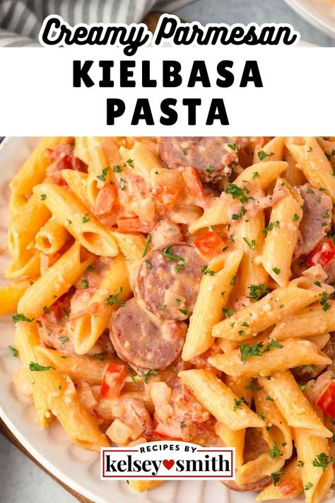 Pasta with sliced kielbasa, diced onions, and diced red bell pepper in a creamy sauce. Creamy Kielbasa, Kielbasa Pasta Recipes, Kilbasa Sausage Recipes, Smoked Sausage Recipes Pasta, Sausage Penne Pasta, Sausage And Peppers Pasta, Kielbasa Pasta, Creamy Sausage Pasta, Sausage Pasta Recipe