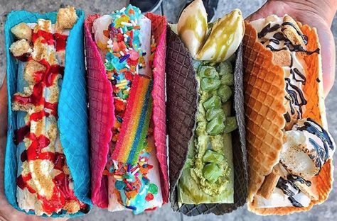 Rolled ice cream in a taco. So much yes. Rolled Ice Cream Shop, Taco Ice Cream, Ice Cream Tacos, Ice Cream Food Truck, Dessert Tacos, Ice Cream Taco, Dessert Taco, Rolled Ice Cream, Desserts Around The World