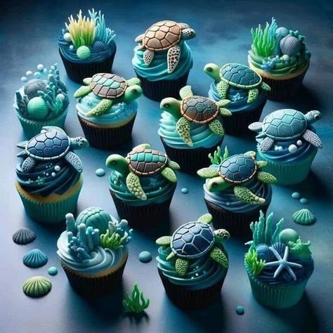 Ocean Desserts, Underwater Cupcakes, Sea Turtle Birthday Party Ideas, Ocean Cupcakes Ideas, Sea Creature Desserts, Ocean Themed Cupcakes, Sea Turtle Macarons, Underwater Theme Cupcakes, Sea Creature Cupcakes