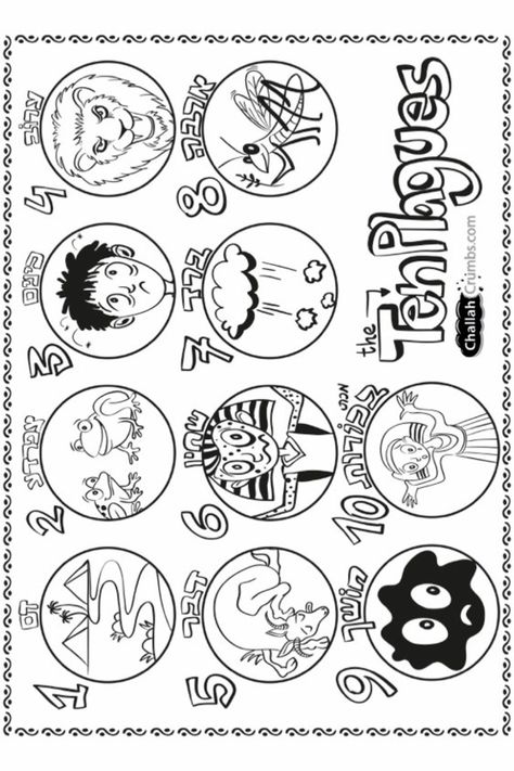 A coloring page with thumbnail drawings of each of the ten plagues. Passover Crafts, Ten Plagues, Craft Set, Passover, Sunday School, Coloring Page, Free Printable, Free Printables, Coloring Books