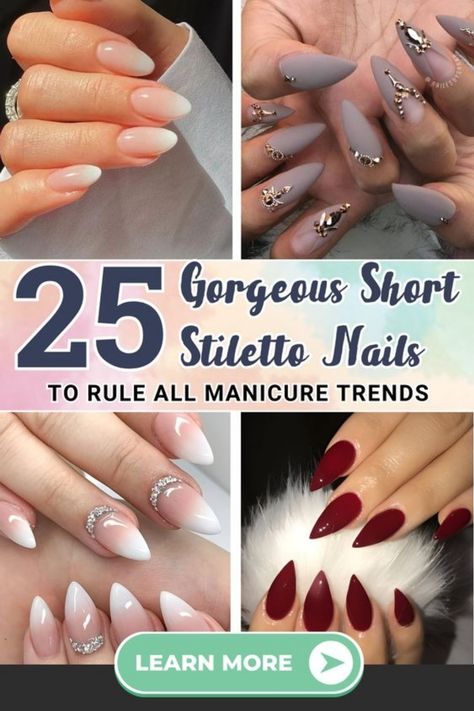 Short stiletto nails have taken the beauty world by storm. Its popularity only seems to grow stronger each season, showing no sign of stopping anytime soon. Cute Short Stilleto Nails Designs, Short Stelltos Nails, Short Stiletto Nails Designs, Stelito Nails, Short Pointy Nails, Short Pointed Nails, Cute Stiletto Nails, Simple Stiletto Nails, Pointed Nail Designs