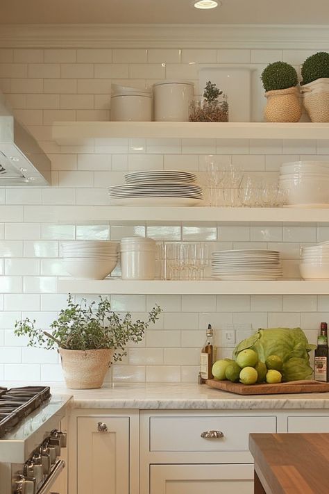 Style your kitchen with open shelving, blending functionality and decor for a modern, airy look. #OpenShelving #KitchenStyle Decorating Open Shelves In Kitchen, White Kitchen Open Shelves, Styling Open Shelves In Kitchen, Open Shelf Kitchen Ideas, Open Shelving In Kitchen, Farmhouse Open Shelving, Open Shelving Decor, Open Shelving In The Kitchen, Kitchen Open Shelving Ideas