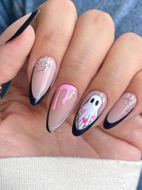 ghost nails: pink and black Nails Pink And Black, Ghost Nails, Ghost Silhouette, Fingernail Designs, Dotting Tool, Nails Pink, Ghost Faces, Halloween Looks, Halloween Spirit