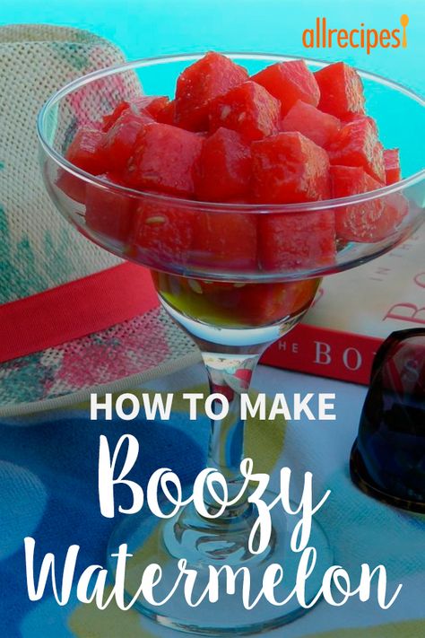 Boozy Watermelon | "A quick way to liven up some watermelon. It makes a refreshing and intoxicating pool-side snack. Use toothpicks to serve out of the container or arrange on a pretty plate." #allrecipes #summerrecipes #summerdishes #recipes #summerfood #summerrecipeideas Watermelon Soaked In Vodka, Chilled Appetizers For Party, Vodka Soaked Watermelon, Watermelon Liquor, Pool Side Drinks, Watermelon Dip, Boozy Watermelon, Rv Snacks, Marinated Watermelon