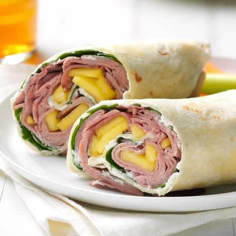 Tropical Beef Wrap Recipe -For my finicky little ones, I create fast, tasty recipes like this tropical sandwich wrap. You can even use up leftover roast beef in a pinch. —Amy Tong, Anaheim, California Roast Beef Wrap, Cold Sandwich Recipes, Walnut Chicken Salad, Wrap Food, Walnut Chicken, Leftover Roast Beef, Beef Wraps, Boiled Chicken Breast, Sandwich Wrap