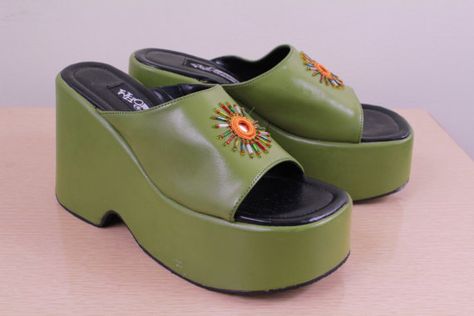 Sea Punk, Chunky Platform Shoes, Beaded Mirror, 90s Era, Indian Style, Olive Green, Green