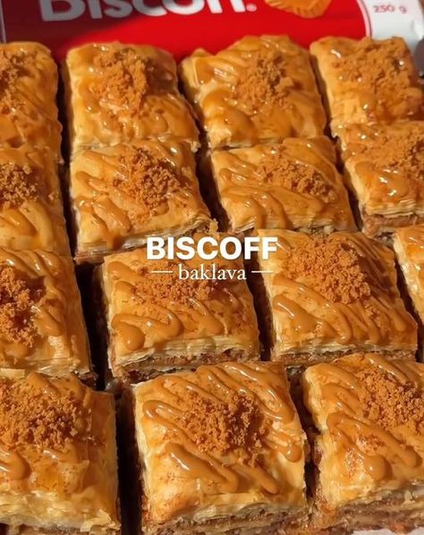 Desserts | Sweets | Chocolate on Instagram: "BISCOFF BAKLAVA❤️🤩‼️

🎥 & recipe by @scarlactive

(I don't own the rights. All rights are reserved and belong to the respective owner)

Follow @desszrt for daily desserts🧁

#recipe (16+ servings)
Syrup
❤️ 140 mL water
❤️ 115g caster sugar
❤️ 135g honey
❤️ 1 Tbsp lemon juice

Baklava
❤️ 40 sheets filo pastry (9x9 size)
❤️ 280g salted butter, melted
❤️ 320g biscoff spread 
❤️ 150g biscoff crumbs
❤️ 250g pecans, finely chopped

1.Make the syrup first to ensure it is cool when making the baklava. Add all ingredients to a saucepan and bring to the boil. Then reduce heat to low and simmer for 6 minutes. Remove from heat and let it cool, refrigerate.
2.Butter the bottom of a 9x9 baking dish. Place a piece of filo pastry down (you may need to cut it Biscoff Pumpkin Dessert, Biscoff Baklava, Biscoff Pastry, Phyllo Dessert, Biscoff Recipes, Sweets Chocolate, Baklava Recipe, Mini Bundt, Biscoff Spread