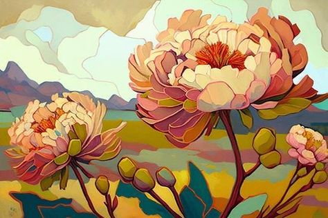 'Peony Landscape' Art Print - Avril Anouilh | Art.com Peony Art Print, Popular Art Prints, Avril Anouilh Art, Art Inspired By Nature, Peony Landscape, Watercolor Abstract Art, Peony Art, Beautiful Oil Paintings, Art Print Display