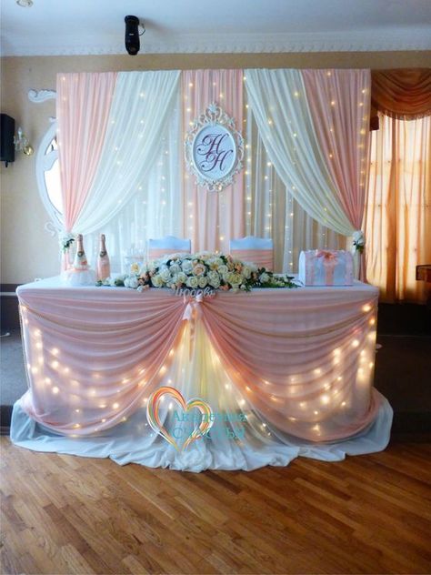 Cake Table with white tulle and fairy tale  lights Quince Decorations, Tafel Decor, Quinceanera Decorations, Quinceanera Party, Wedding Stage Decorations, Wedding Stage, Backdrop Decorations, Sweetheart Table, Cake Table