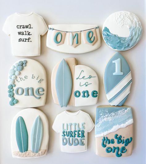 POSH FAVORS (@poshfavors) • Instagram photos and videos The Big One Birthday Cookies, The Big One Surf Birthday Cookies, Dessert Table 1st Birthday, Surfer Cookies, The Big One Cookies, First Birthday Theme Boy, Happy Birthday Leo, Birthday Leo, Surf Birthday Party