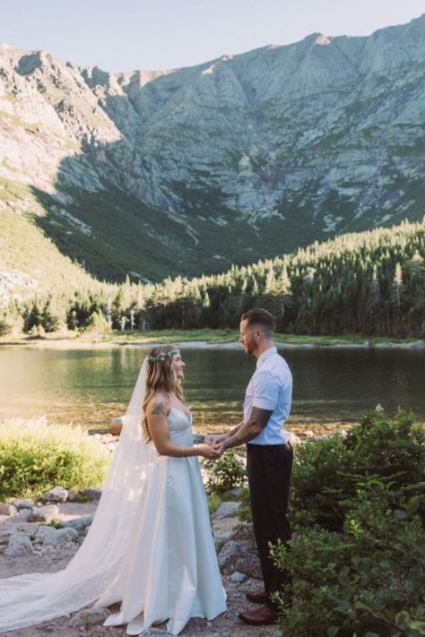 Bride and groom standing at Chimney Pond during their Maine elopement ceremony Maine Elopement, Mount Katahdin, Baxter State Park, Glacier National Park Elopement, Photography Timeline, Romantic Wedding Photos, Park Elopement, National Park Wedding, Elopement Ceremony