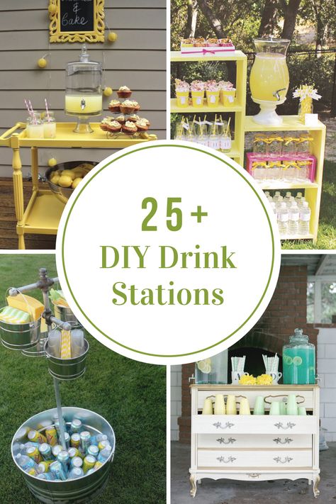 DIY Drink Stations Backyard Party Food Table, Graduation Party Drinks, Outdoor Drink Station, Bridal Shower Food Table, Bridal Party Table Decorations, Backyard Party Food, Beverage Station Party, Drink Stations, Wedding Drink Station