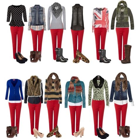 Capsule Wardrobe -- 1 by cocogolightly on Polyvore featuring Miso, Religion Clothing, Moschino Cheap Red Pants Fashion, Red Leggings Outfit, Red Jeans Outfit, Red Pants Outfit, Religion Clothing, Mode Jeans, Red Leggings, Clothes And Shoes, Red Jeans