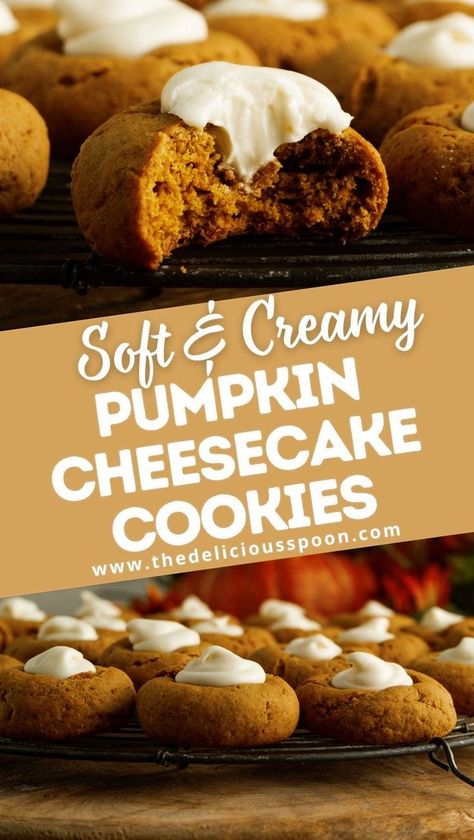 Looking for an easy pumpkin cookie recipe? Try these Pumpkin and Cream Cheese Cookies with rich, creamy centers! Perfect for fall, these soft, spiced cookies are the best treat to enjoy with a cozy drink. Learn how to make these delicious cream cheese-filled pumpkin cookies in no time! Pumpkin Cookies With Cream Cheese Icing, Pumpkin Cream Cheese Cookies, Cheese Cookies Recipe, Pumpkin Cheesecake Cookies, Pumpkin Cookies Easy, Spiced Cookies, Pumpkin Spice Treats, Cookies Stuffed, Pumpkin Cookie Recipe