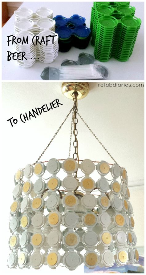 Upcycle! Use packaging to hide an ugly light fixture. Beer Chandelier, Chandelier Upcycle, Ikea Canvas, Craft Beer Packaging, Diy Cork Board, Diy Floor Lamp, Nightstand Makeover, Diy Holiday Cards, Recycling Ideas