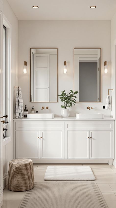 Neutral Bathroom Decor Warm Modern Bathroom, Warm Neutral Bathroom Ideas, Mcgee And Co Bathroom, White Bathroom Vanity Ideas, Neutral Bathroom Decor Ideas, Modern Neutral Bathroom, Beige And Black Bathroom, Ivory Bathroom, Neutral Bathroom Decor